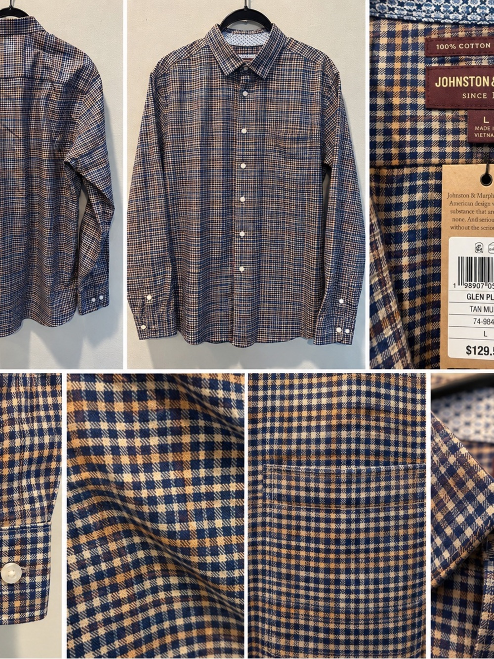Johnston & Murphy Navy and Tan Plaid Cotton Button-Down Shirt